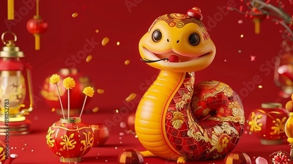 Fototapeta A vibrant 3D illustration of a cheerful yellow snake with a rounded cartoon style, wearing traditional Chinese dance attire featuring intricate red and gold patterns, surrounded by festive lanterns