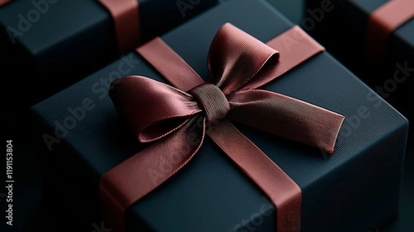 Fototapeta Elegantly packaged gift box adorned with a vibrant crimson bow centered close up 3D rendering high end studio lighting refined luxurious style  A premium exclusive and indulgent product presentation
