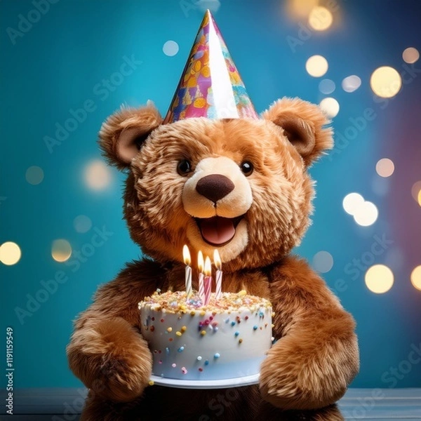Fototapeta Generated image A cheerful teddy bear in a party hat is joyfully holding a birthday cake