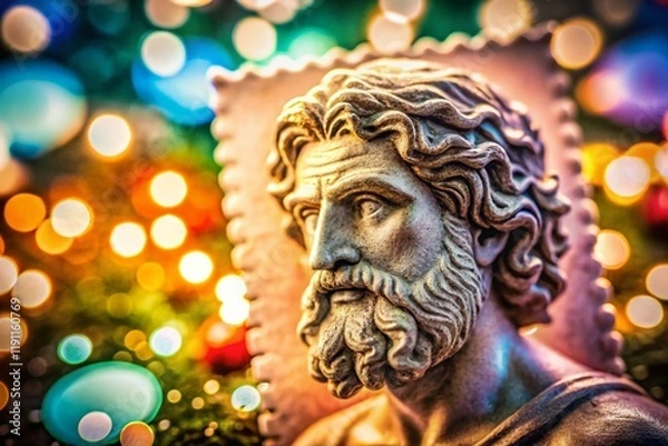 Obraz Vintage Hungarian Postage Stamp, Zeus Olympia Sculpture, Bokeh Background, 1980s