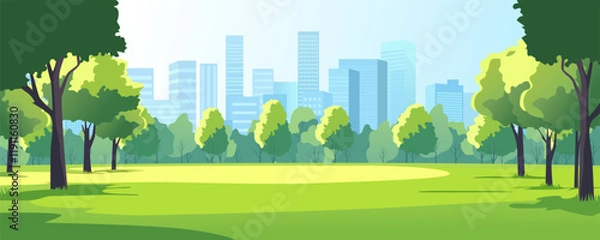 Fototapeta City park in summer. A beautiful park with trees and green grass against the backdrop of skyscrapers and office buildings. City park with lawn in metropolis, vector illustration.