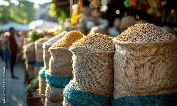 Fototapeta Burlap sacks overflowing with various grains.