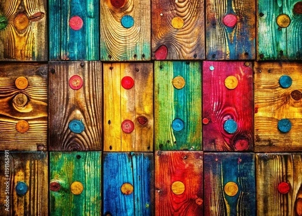 Fototapeta Vintage Multicolor Spot & Square Pattern on Wooden Panel Background - Bokeh Effect Stock Photo