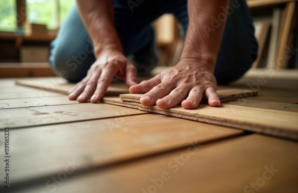 Fototapeta Carpenter installing wooden flooring. Closeup view of hands carefully placing planks. Focus on precision, quality in home improvement project. Interior of workshop. Pro craftsmanship. Renovation