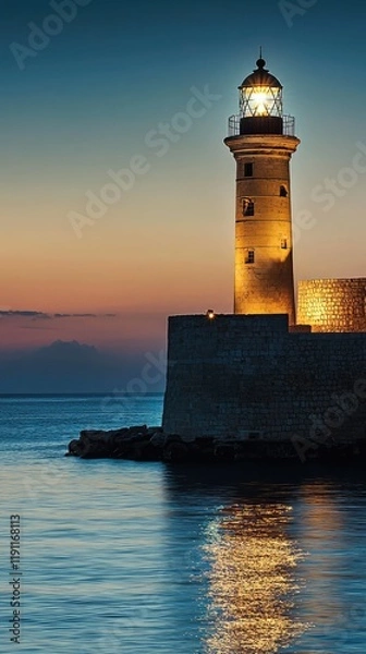Obraz Serene Lighthouse Illuminating Calm Waters at Dusk by Shoreline