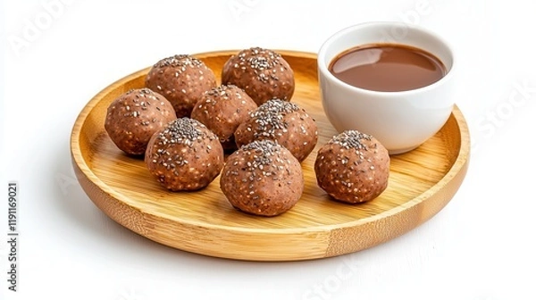 Fototapeta Chia seeds are a vegan superfood ideal for weight loss. Delicious chocolate balls served with a dipping sauce.