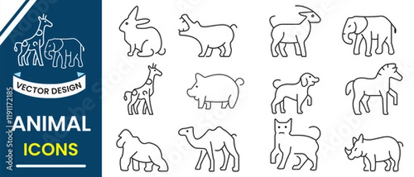 Fototapeta Animal line icon set. Wild animals vector set collection. Forest animal, Lion, giraffe, elephant, pig, rabbit, zebra, camel, dog, rhino vector illustration.