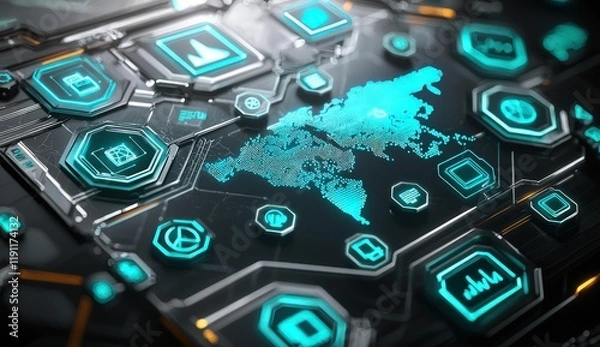 Obraz A radiant silver digital map with bright blue and teal tech icons floating on a glossy black background