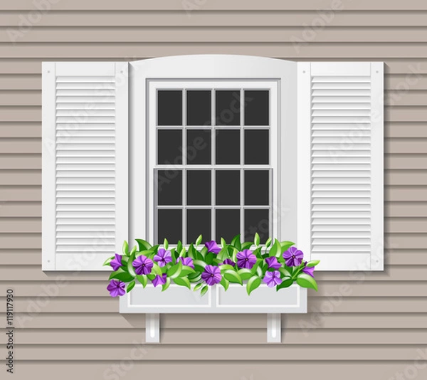 Obraz Shutter window with Flower box. Petunia flower pot.