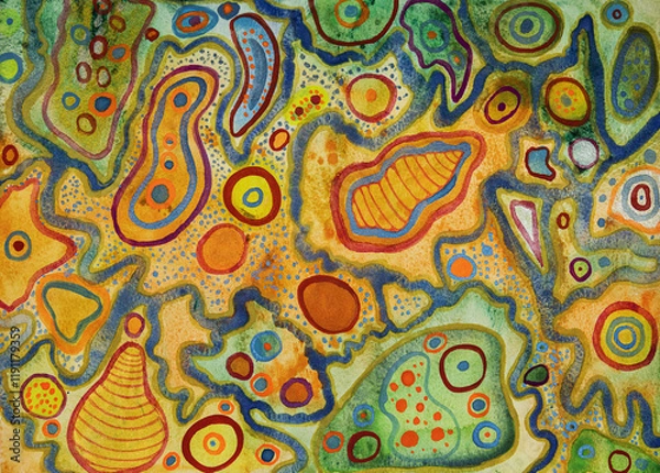 Fototapeta Abstract artwork with neon colors and geometric patterns. The dabbing technique near the edges gives a soft focus effect due to the altered surface roughness of the paper.