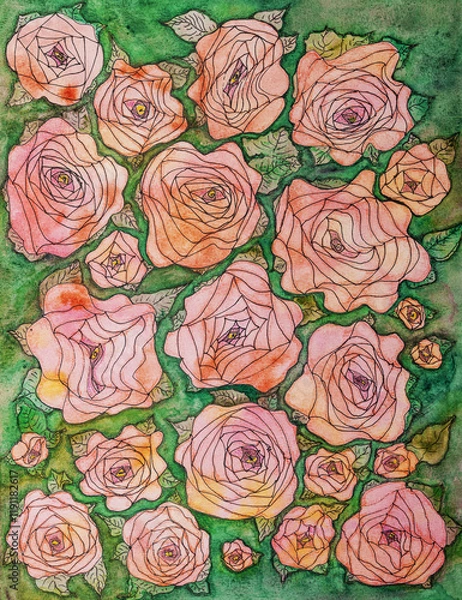 Fototapeta Field of beautiful roses with leaves. The dabbing technique near the edges gives a soft focus effect due to the altered surface roughness of the paper.