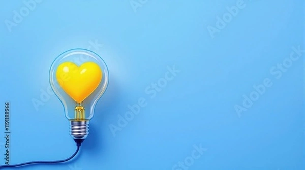 Fototapeta Yellow heart glowing inside an electric light bulb, hanging against a soft blue studio background with ample copy space. Valentine's Day concept, symbolizing love, creativity, and inspiration