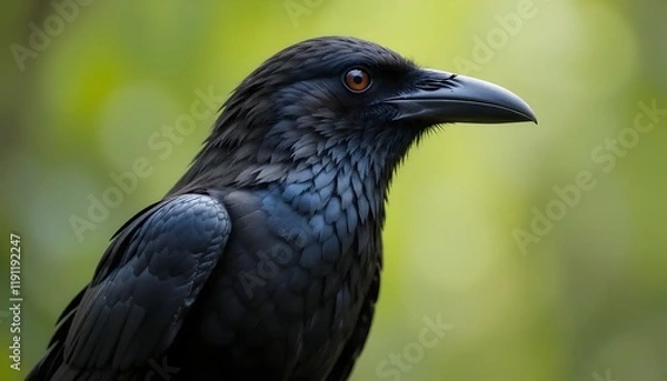 Fototapeta Detailed closeup of a glossy black raven with textured feathers and an amber eye against a soft green background wildlife photography