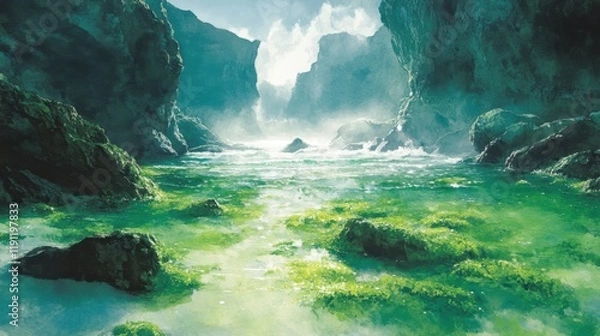 Fototapeta Serene Coastal Landscape with Lush Greenery