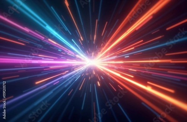 Fototapeta Multicolored light streaks radiate from central vanishing point. Fast movement, bright colors suggest speed, energy. Abstract cosmic background with colorful rays, streaks. Intense, powerful