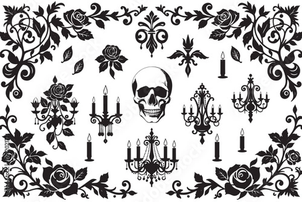 Fototapeta Black and White Ink Art Set for Gothic Romance Decor with Roses, Skulls, Candles, and Lace Patterns - Ideal for Sticker Packs, Party Themes, and Elegant Gothic Decor