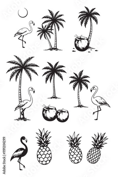Fototapeta Fun tropical designs with flamingos, coconuts, and pineapples in black ink, perfect for vacation-themed branding and tropical designs.