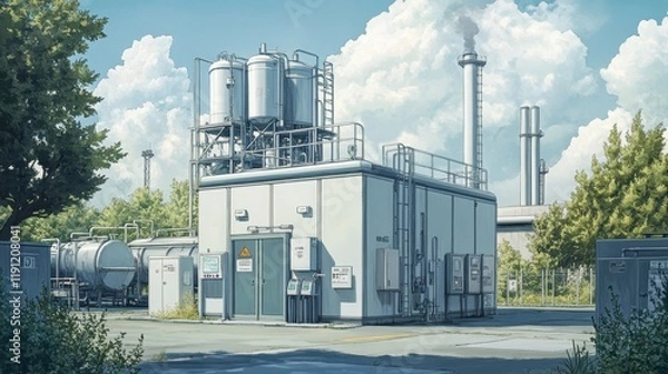 Obraz Industrial Facility with Tanks and Vapor Stacks