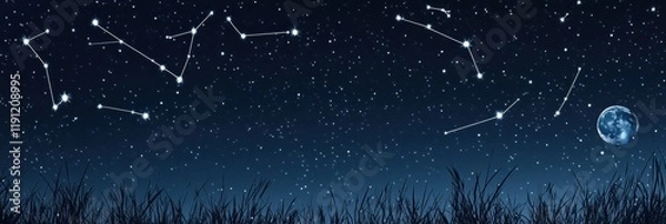 Fototapeta Captivating starry night reveals constellations and luminous full moon shining over tranquil landscape. Generative AI