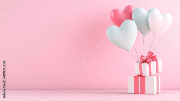 Fototapeta Heartfelt Celebration:  A stack of beautifully wrapped presents, adorned with a delicate pink ribbon, is topped with a cluster of pastel heart-shaped balloons.