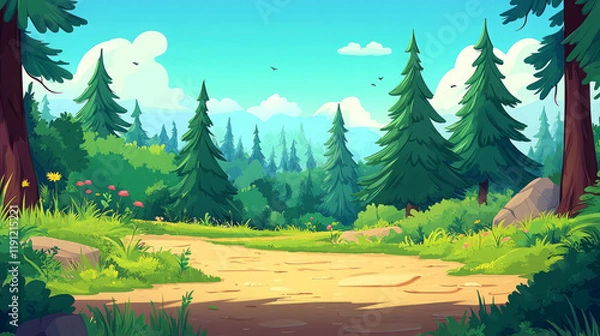 Fototapeta sunny forest path illustration with cartoon style featuring a scenic trail through lush pine trees in a summer landscape ideal for nature wallpaper or digital art background