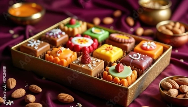 Fototapeta Assorted colorful sweets, treats in decorative gift box. Diwali sweets displayed in golden box with various designs. Festive Indian sweets, assorted desserts. Box filled with delicious treats in