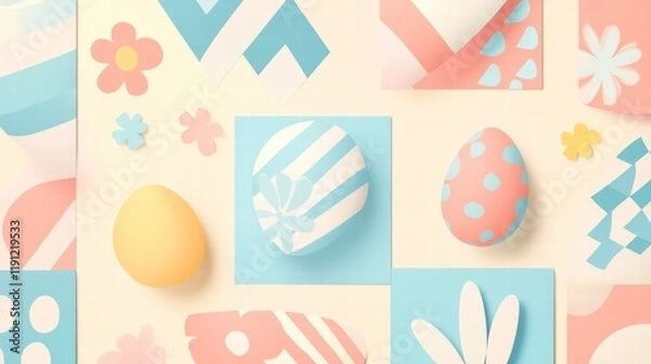 Fototapeta Easter Egg Pattern: A vibrant and playful composition of colorful Easter eggs, floral patterns, and geometric shapes in pastel hues. The arrangement creates a cheerful and festive mood.