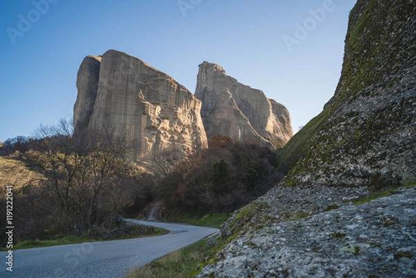 Fototapeta Early morning view during sunrise of the rock formation complex The Rocks of Agia in Kalambaka, Meteora, Thessaly, Greece, Europe.