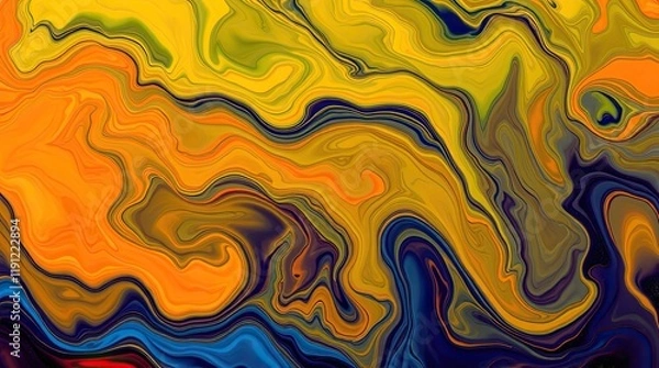 Fototapeta Abstract artwork electric-colored liquid paints gently blending in a slow, mesmerizing flow