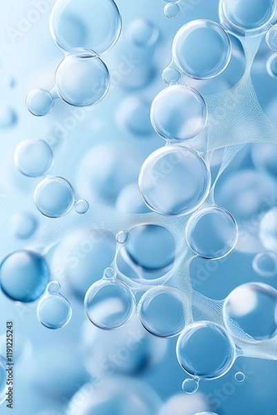 Fototapeta Bubbles and transparent spheres floating in a serene blue atmosphere creating a calming visual effect