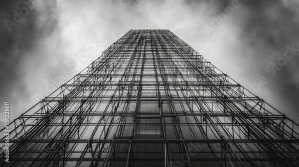 Fototapeta Skyscraper Under Construction Metal Framework Against Cloudy Sky