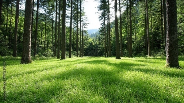 Fototapeta Tranquil Forest Scene with Lush Green Grass and Tall Trees Under Bright Blue Sky