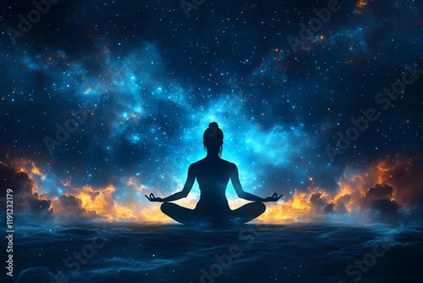 Obraz A yoga pose silhouette glowing against a digital starry night, symbolizing calm and harmony