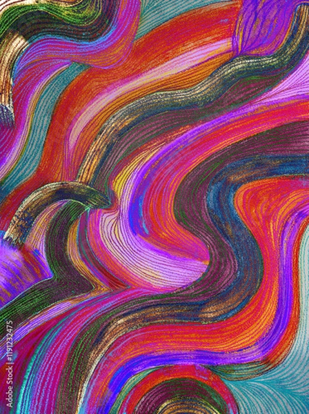 Fototapeta Psychedelic abstract waves with bright colors. The dabbing technique near the edges gives a soft focus effect due to the altered surface roughness of the paper.