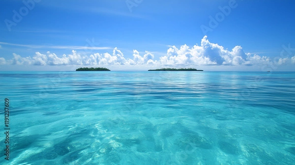 Fototapeta Crystal clear blue waters with gentle ripples and distant islands.