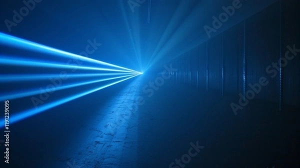 Fototapeta Dynamic blue laser beam effect with colorful light on dark background for sci fi themes
