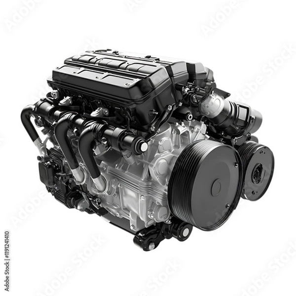Fototapeta Powerful V8 Engine Detailed 3D Model Automotive Technology Black White car part grey fast metal     