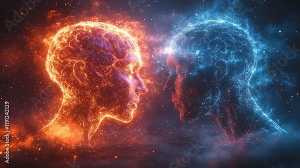 Fototapeta Fiery and icy heads face, cosmic connection.