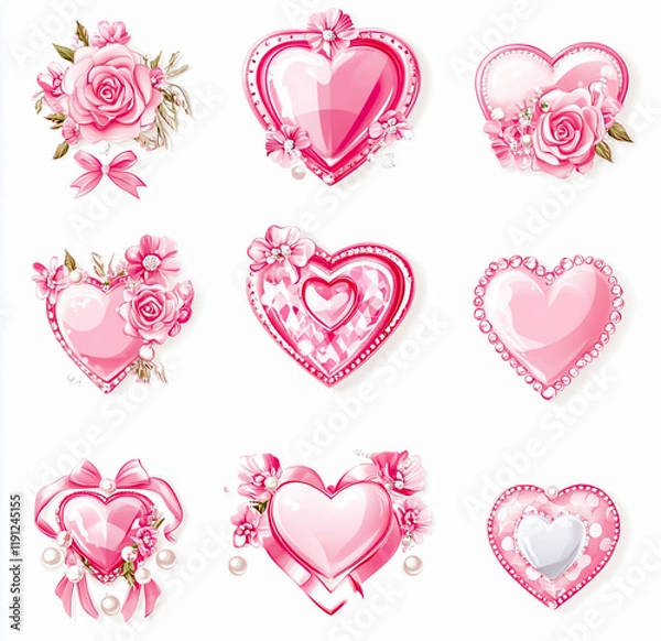 Fototapeta Vector Set of Pink Heart Shapes, Diamonds, Pearls, and Floral Decorations on White Background