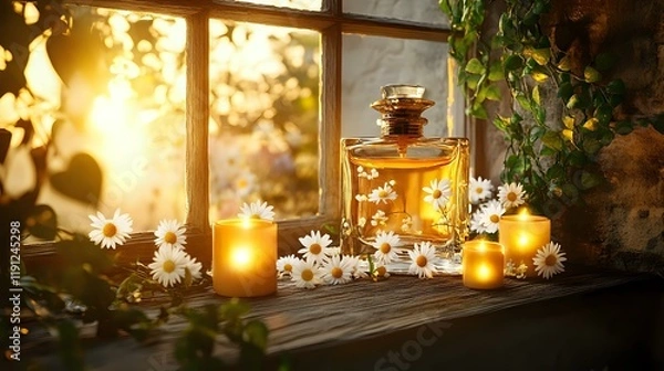 Obraz A refined perfume bottle with delicate daisies and softly glowing candles on a rustic windowsill, framed by ivy and golden sunlight