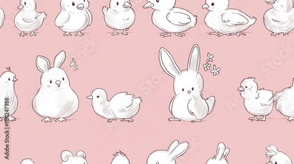 Obraz Cute Doodles of Bunnies, Ducks, and Chicks on Pink Background