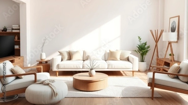 Fototapeta Scandinavian-inspired living room interior design with light oak flooring, white walls, a beige sofa, and minimalist decor, creating a cozy and serene environment.
