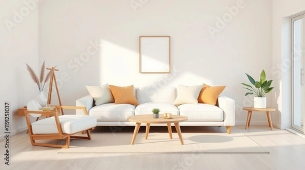 Fototapeta Scandinavian-inspired living room interior design with light oak flooring, white walls, a beige sofa, and minimalist decor, creating a cozy and serene environment.
