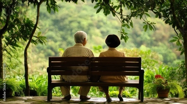 Fototapeta Elderly Couple Relaxing on a Bench Amidst Lush Green Nature