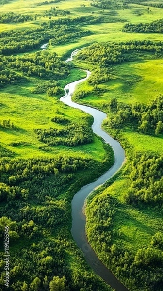 Fototapeta Aerial view of a picturesque river flowing through a vibrant green valley, creating beautiful meanders in the landscape