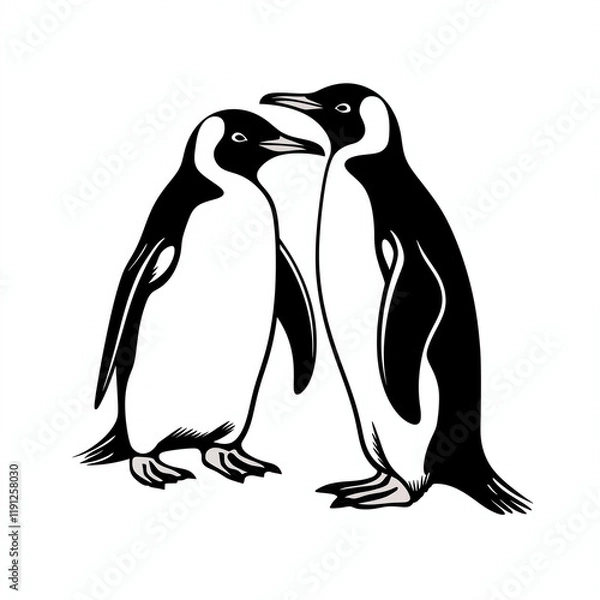 Fototapeta Two penguins facing each other, side view, icon, simple black and white sketch isolated on a white background, picture, image for printing on a T-shirt, background, no people