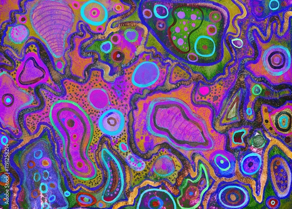 Fototapeta Psychedelic abstract with pink neon colors and geometric patterns. The dabbing technique near the edges gives a soft focus effect due to the altered surface roughness of the paper.
