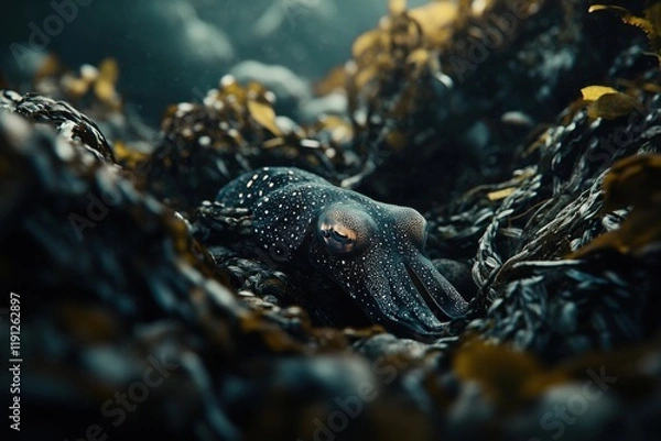 Obraz Cuttlefish camouflaged in dark seaweed creates mysterious underwater scene