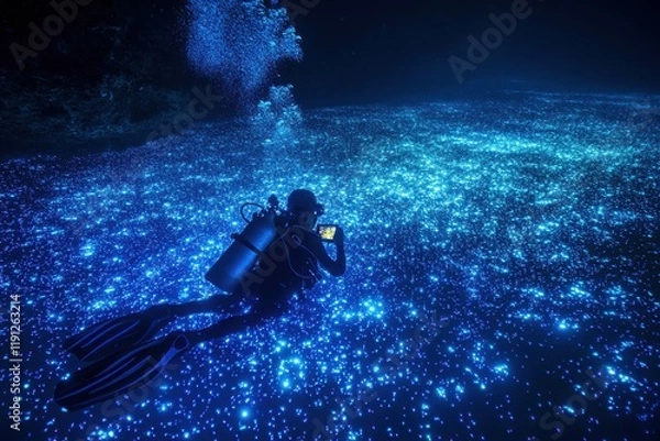 Obraz Underwater photograph of diver surrounded by glowing plankton bloom