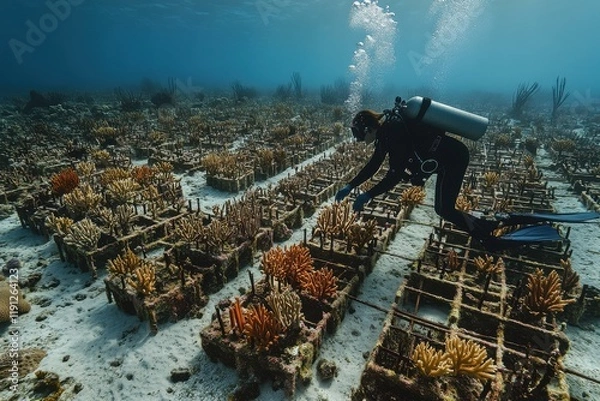 Obraz Diver restoring damaged reef with vibrant coral fragments in sunlight